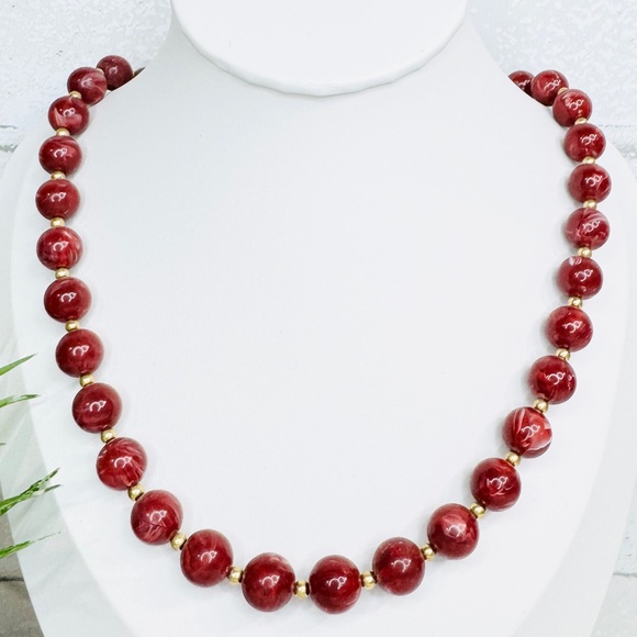 Monet Jewelry - Vintage Monet Cinnamon Red Swirl and Gold Tone Plastic Beaded Necklace